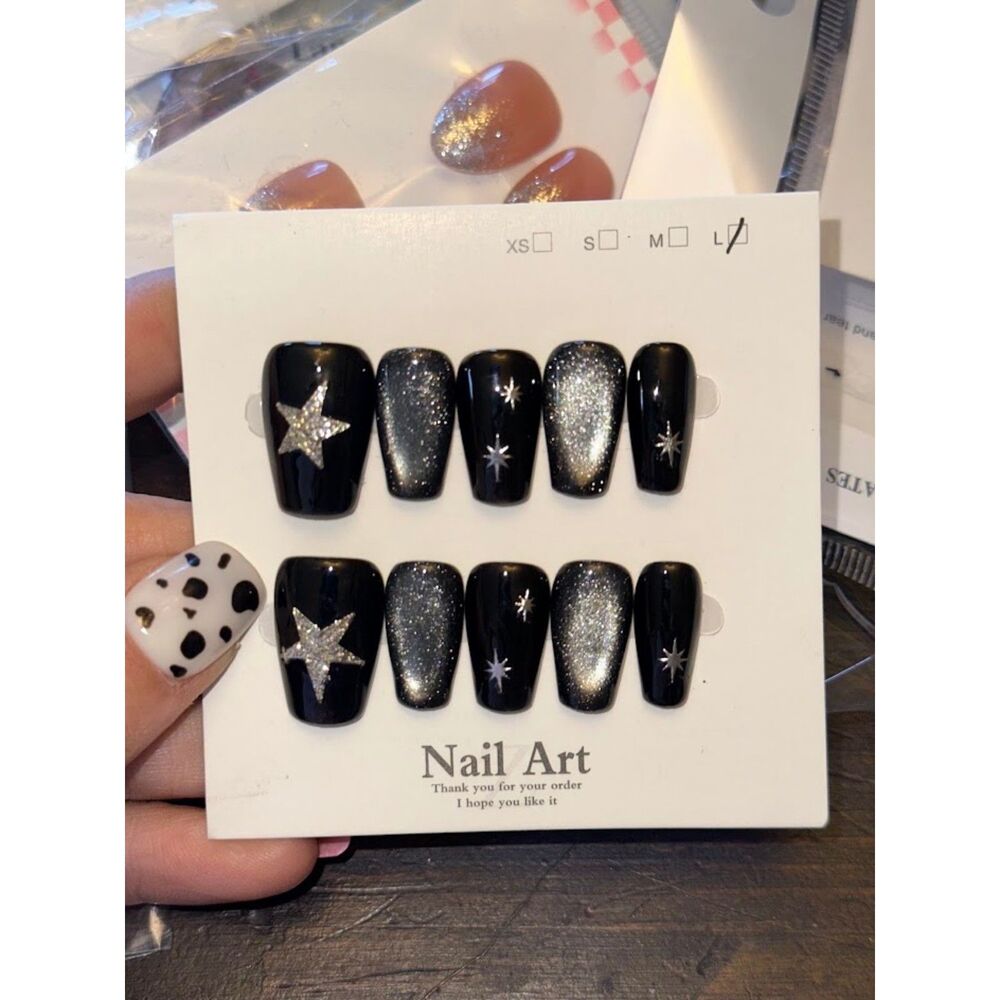 Black & Silver Square Press On Nails Size Large